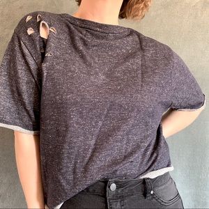 Cropped Navy Short Sleeve Distressed Shirt